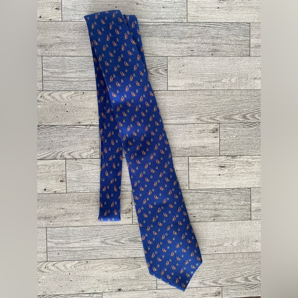 LANDS' END Mens 100% Silk Blue Tie Sailing Boats‎ Hand Sewn 65” Long 3.5” Wide